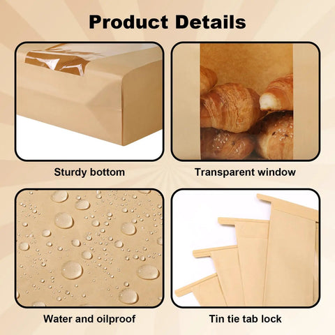 Product details of 45 pack thick sourdough bread bags with tin tie tabs and clear window for keeping big loaves fresh, sized 13.7 by 8.2 by 3.5 inches, includes 48 self adhesive stickers for easy bakery labeling, featuring sturdy bottom, transparent window, water and oilproof material, and tin tie tab lock.