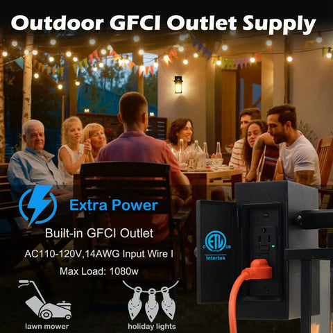 Group gathered outdoors near table with Porch Lights With GFCI Outlet, Dusk To Dawn Motion Sensor Outdoor Lighting in use.