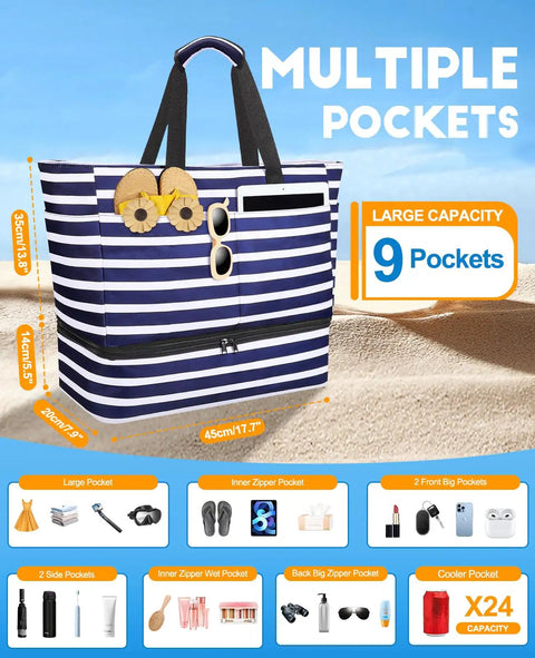 Massive 49L Beach Cooler Tote With Insulated Compartment, shown with multiple pockets, waterproof and sandproof.