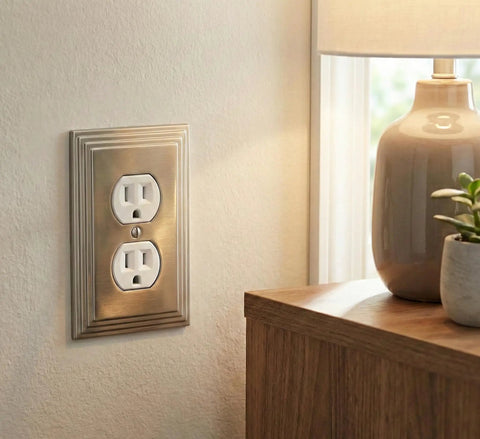 Satin Nickel Single Duplex Outlet Wall Plate Cover With Matching Screws, Heavy Duty Cast Metal Construction, installed by a lamp