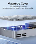 Dual Bay Raid Enclosure For M.2 Nvme Sata Ssd With Clone Mode And Raid 0 1 Arrays showing magnetic cover and interior.