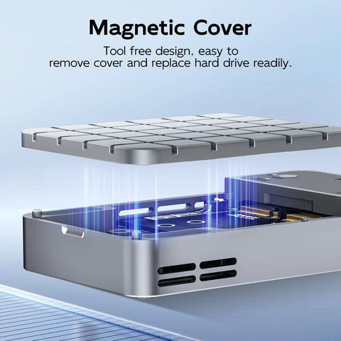 Dual Bay Raid Enclosure For M.2 Nvme Sata Ssd With Clone Mode And Raid 0 1 Arrays showing magnetic cover and interior.
