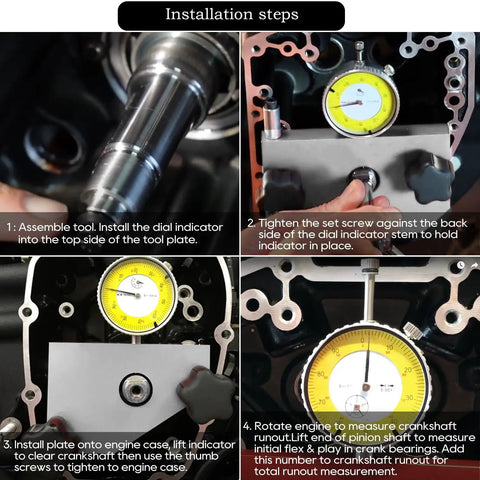 Crank Shaft Runout Measuring Tool 9015 installed with dial indicator on Twin Cam and Evolution Big Twin Bikes engine