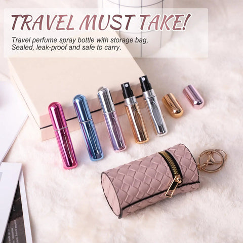 Super Portable Mini Refillable Perfume Atomizer Bottles Set - 5 pack of colorful 5ml travel-size sprays with handy storage bag.