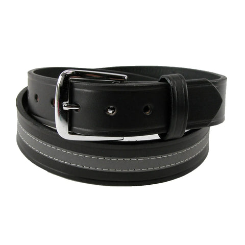 Leather Work Belt With Reflective Safety Stripe 1.5 Inch Wide In Black, Removable Silver Buckle, Made In USA, Built For Job Sites And Daily Heavy Duty Use, Size Up One For Best Fit