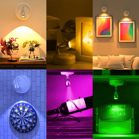 Collage of Cordless Indoor RGBW LED Spotlight Kit With Remote Control, highlighting artwork, decor, and accessories in various setups