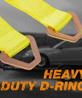 Close-up of yellow 4 Pack 2 Inch By 36 Inch Premium Axle Straps With D Ring Adjustable Tire And Wheel Tie Downs with car in background