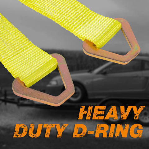 Close-up of yellow 4 Pack 2 Inch By 36 Inch Premium Axle Straps With D Ring Adjustable Tire And Wheel Tie Downs with car in background