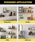 Various shelves with 10 Inch Black Hidden L Shelf Brackets Set Of 12 Heavy Duty Iron Floating Shelf Brackets in different home settings.