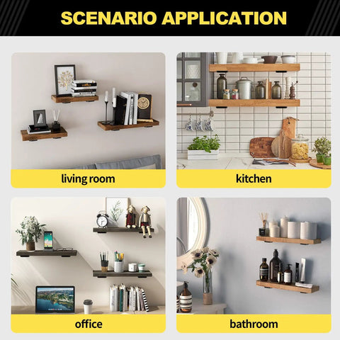 Heavy Duty 12 Pack Hidden L Shelf Brackets 12 Inch Matte Black Iron Floating Wall Mount Hardware For Rustic Industrial Shelving Built Different To Support 100 Lbs Per Pair showcased in living room, kitchen, office, and bathroom settings.