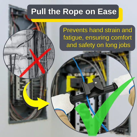 Manual Rope Puller Tool For Fish Tape And Wire Tug, heavy duty tool aiding cable pulling, ergonomic handle shown in use.