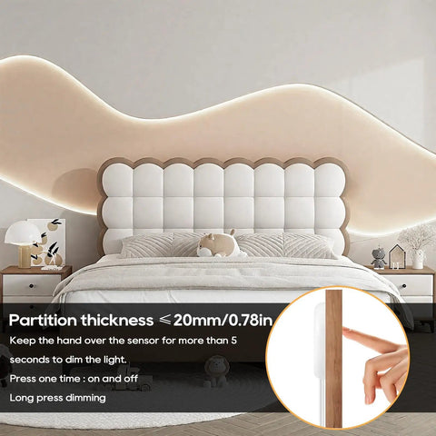 Bedroom setup with 12V Warm White COB LED Strip Light Kit With 6.56Ft Length Self Adhesive Mount showing dimmable touch sensor switch