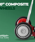Close-up of the 10-inch wheels on a 14 Inch Push Reel Lawn Mower With 5 Blade Ball Bearing Reel, Adjustable Cutting Height 0.5 To 1.75 Inches, Red.