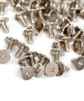 Close-up of metal screws for 12mm Metal Tree Spike Studs Set Of 100 With Screws And Screw Back Fasteners for DIY leather craft.