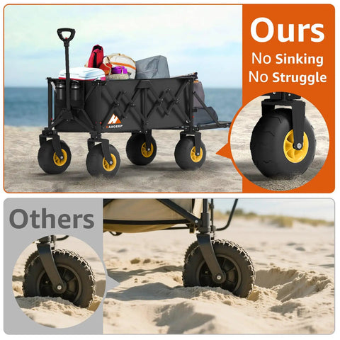 All Terrain Beach Wagon With 10 Inch Inflatable Wheels for sand usage, heavy duty cart loaded with gear, showing wheel detail.