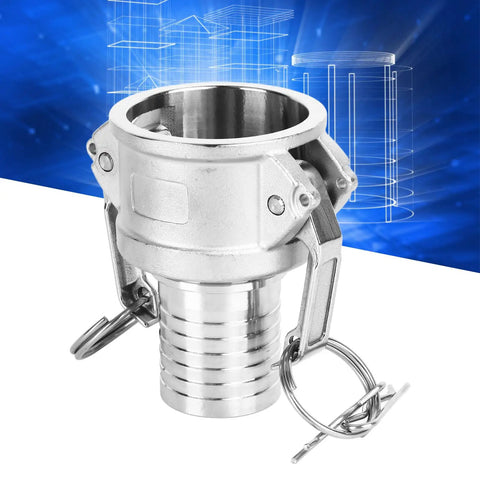 Heavy Duty 304 Stainless Steel Camlock Fitting For A Snappy Quick Hook Up 1.5 Inch Hose Coupling and Cam Lock Pipe Connector close-up.
