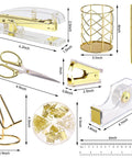 Gold Acrylic Office Desk Accessories Set with Stapler and Staples, Staple Remover, Tape Holder, Phone Stand, Pen Holder, Ruler, Scissors