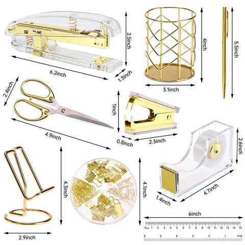 Gold Acrylic Office Desk Accessories Set with Stapler and Staples, Staple Remover, Tape Holder, Phone Stand, Pen Holder, Ruler, Scissors