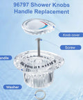 Exploded view of Two Pack 96797 Shower Handle Replacement For Chateau Trim Kit, showing knob cover, screw, handle, and washer.