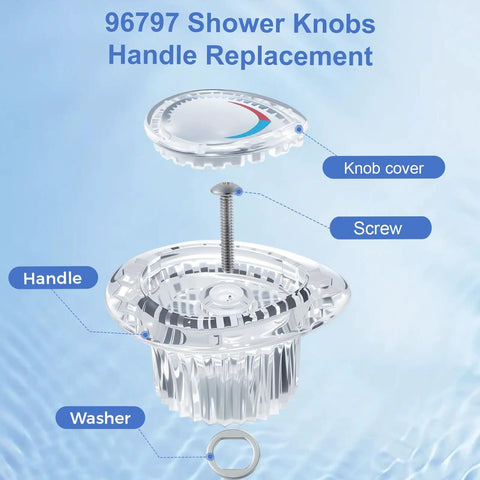 Exploded view of Two Pack 96797 Shower Handle Replacement For Chateau Trim Kit, showing knob cover, screw, handle, and washer.