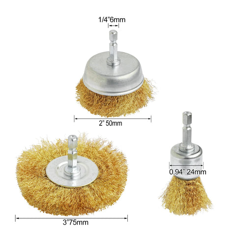 Six Piece Brass Wire Wheel Brush Set For Drill With One Quarter Inch Shank Crimped Cup Brush True Brass Wire 0.13mm