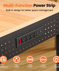 Power strip on Beefy 48 Inch Adjustable Heavy Duty Workbench With 2000 Lbs Load Capacity, wood top, steel frame shown