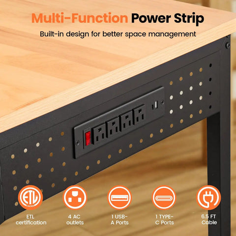 Power strip on Beefy 48 Inch Adjustable Heavy Duty Workbench With 2000 Lbs Load Capacity, wood top, steel frame shown