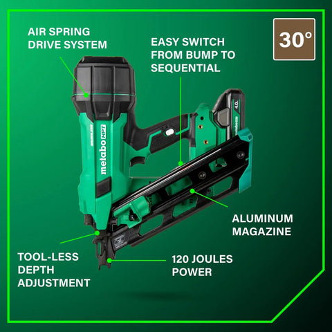 Cordless 18V 30 Degree Paper Tape Framing Nailer Kit With 4Ah Battery, close-up of aluminum magazine and tool-less adjustment feature