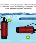 Proper water level instructions for No Strings Attached Cordless Lithium-Ion Submersible Water Transfer Pump, showing submerged operation.