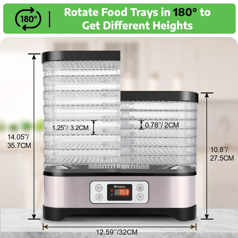 Heavy Duty Food Dehydrator With Eight Bpa Free Trays rotating to adjust height, showcasing transparent trays and digital controls.