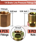 Front view of brass 1/4 in brake line fittings and nuts; shows 4 fittings and 8 nuts with 7/16-24 threads