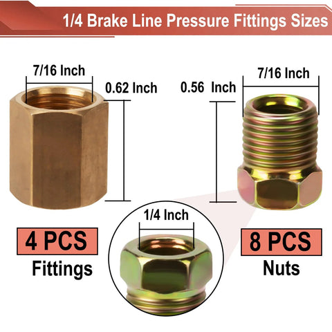 Front view of brass 1/4 in brake line fittings and nuts; shows 4 fittings and 8 nuts with 7/16-24 threads