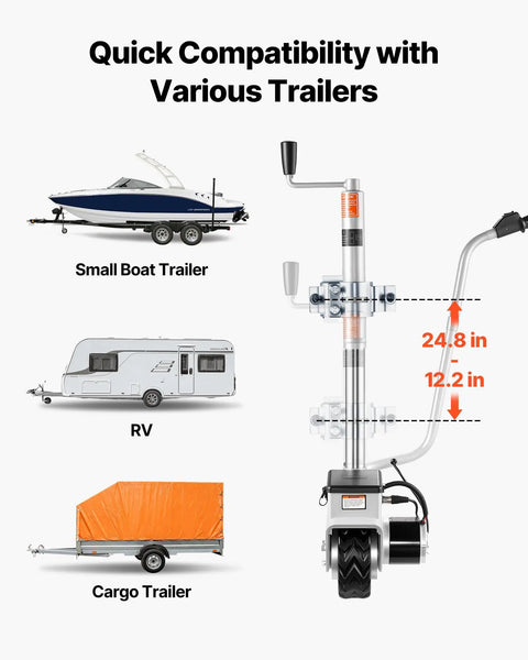 VEVOR Electric Trailer Dolly 5500 Lb Towing Capacity with adjustable height shown with boat, RV, and cargo trailers.