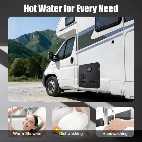 No Fuss Tankless Gas Water Heater Serving Up Instant On The Fly Hot Water For Camper RV Camping, mounted on RV exterior.