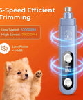 Smooth Sail Five Speed Dog Nail Grinder With Bright Led And Dust Bucket For Zero Drama Furbaby Paw Care USB Powered Whisper Quiet Electric Grooming Tool For Pups And House Cats Blue on orange background.