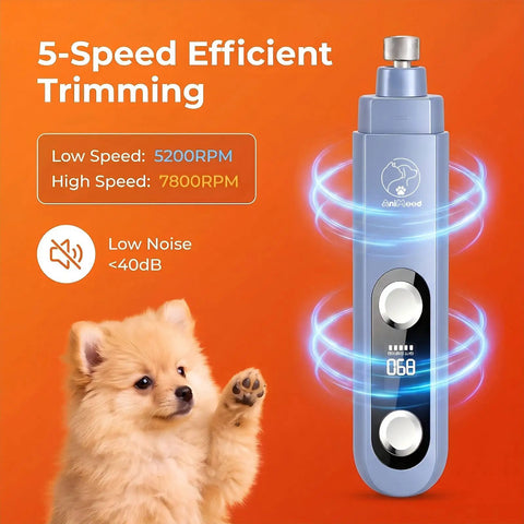 Smooth Sail Five Speed Dog Nail Grinder With Bright Led And Dust Bucket For Zero Drama Furbaby Paw Care USB Powered Whisper Quiet Electric Grooming Tool For Pups And House Cats Blue on orange background.