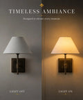 DANCYHOME Modern Farmhouse Weathered Bronze Cordless Wall Sconce shown with light off and light on, featuring a white fabric shade.