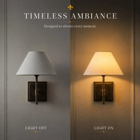 DANCYHOME Modern Farmhouse Weathered Bronze Cordless Wall Sconce shown with light off and light on, featuring a white fabric shade.
