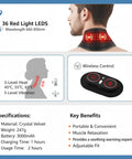 Diagram showing Portable Heated Neck Massager Wrap with 3 Heat Levels, 3 Vibration Modes, red light therapy, wireless control, and specs.