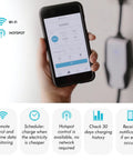Person holding phone showing app for Level 2 EV Charger 7.6kW Plug-and-Play Home Charger With Dual Voltage 120V/240V, WiFi control.