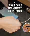 Level Up Your Desk Setup With This Solid Carbon Steel Undermount Drawer Attachment showing cable management holes and clips.