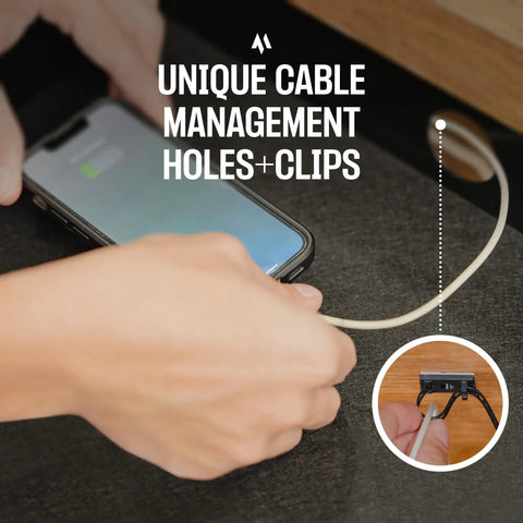 Level Up Your Desk Setup With This Solid Carbon Steel Undermount Drawer Attachment showing cable management holes and clips.