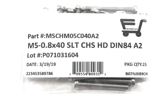 M5x40 Stainless Steel Slotted Cheese Head Machine Screws A2 Grade Metric Fasteners 25 Pack with labels and packaging.