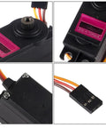 Close-up of 6Pcs MG996R Servo Motors With Metal Gear Beefy Torque 12kgcm At 6V and 13kgcm At 7.2V showing digital label and connectors.