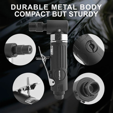 Gunpla 1/4 in angle air die grinder with 90° head, black body, 20,000 RPM; includes 26 roll-lock sanding discs