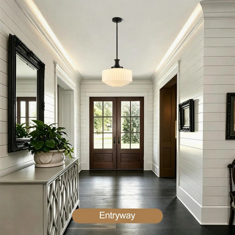 puncoll 13.8‘’ Vintage Milk Glass Pendant Light Kitchen Island hanging in a bright entryway with natural light.
