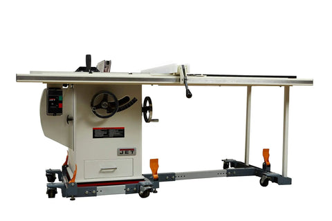 Heavy Duty Mobile Base And Table Saw Extension Combo Rock Solid Shop Workhorse With Swivel Casters side view with adjustable height features.