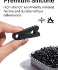 Close-up of premium silicone car door lock protectors showcasing their flexibility and durability with a container of black pads.