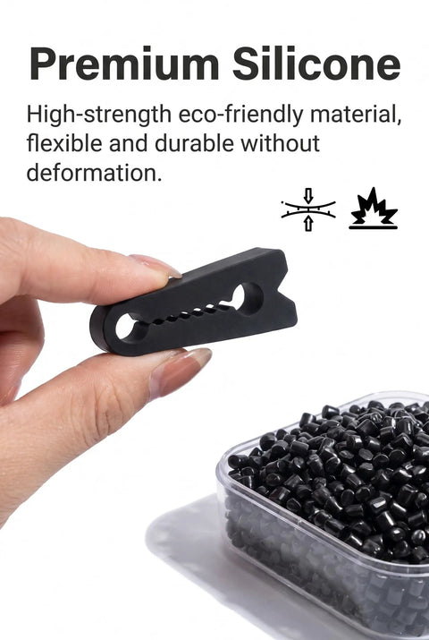 Close-up of premium silicone car door lock protectors showcasing their flexibility and durability with a container of black pads.