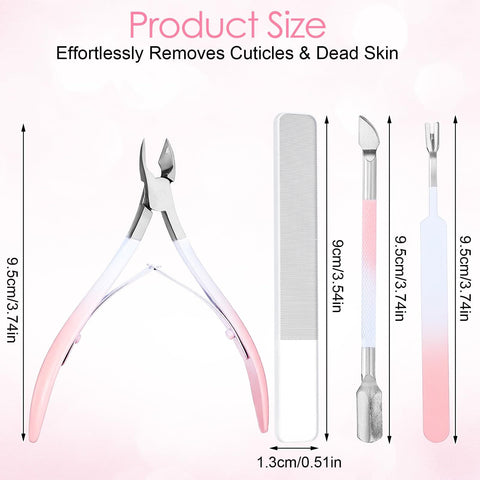 4 In 1 Cuticle Tool Set With Nipper Pusher Cutter And File In Pink Leather Case For Pro Grade Nail Care Manicure Pedicure